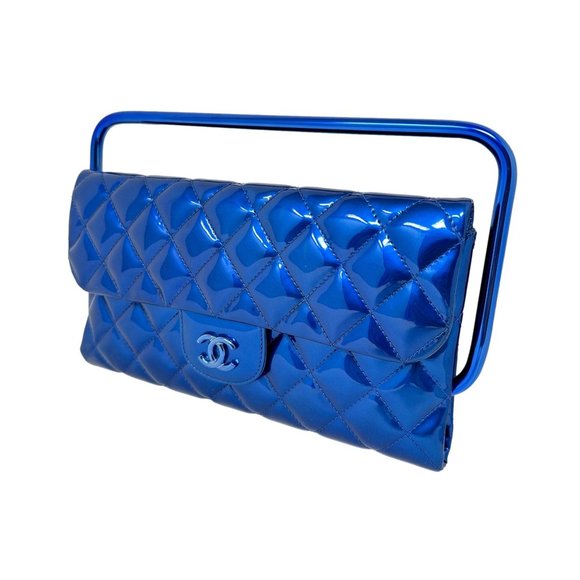 CHANEL 2014 Runway Electric Blue Patent Leather Quilted Bag Metal Handle Rectang - Picture 6 of 13